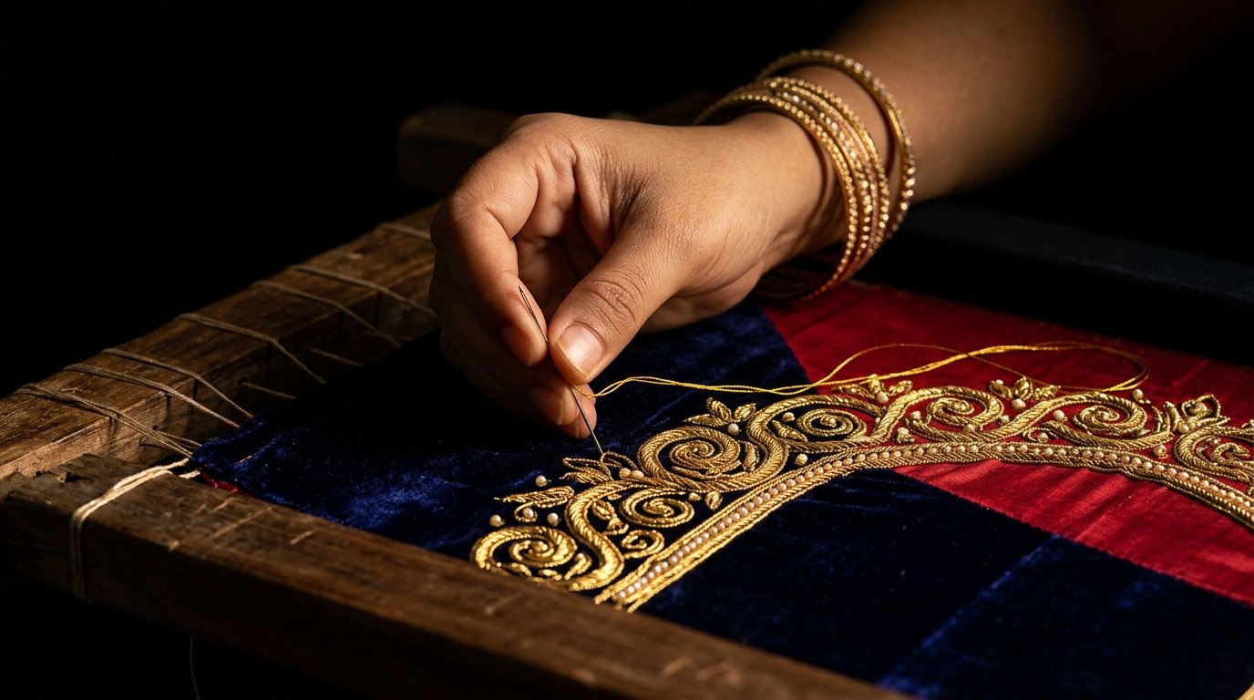 Royal Punjabi Hand-Embroidered Velvet & Silk Suit (Custom Stitched) shot 4