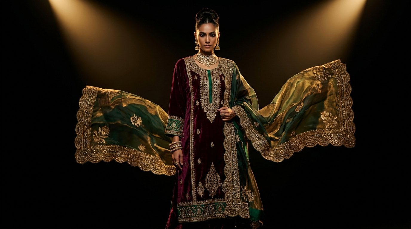 Royal Punjabi Hand-Embroidered Velvet & Silk Suit (Custom Stitched)