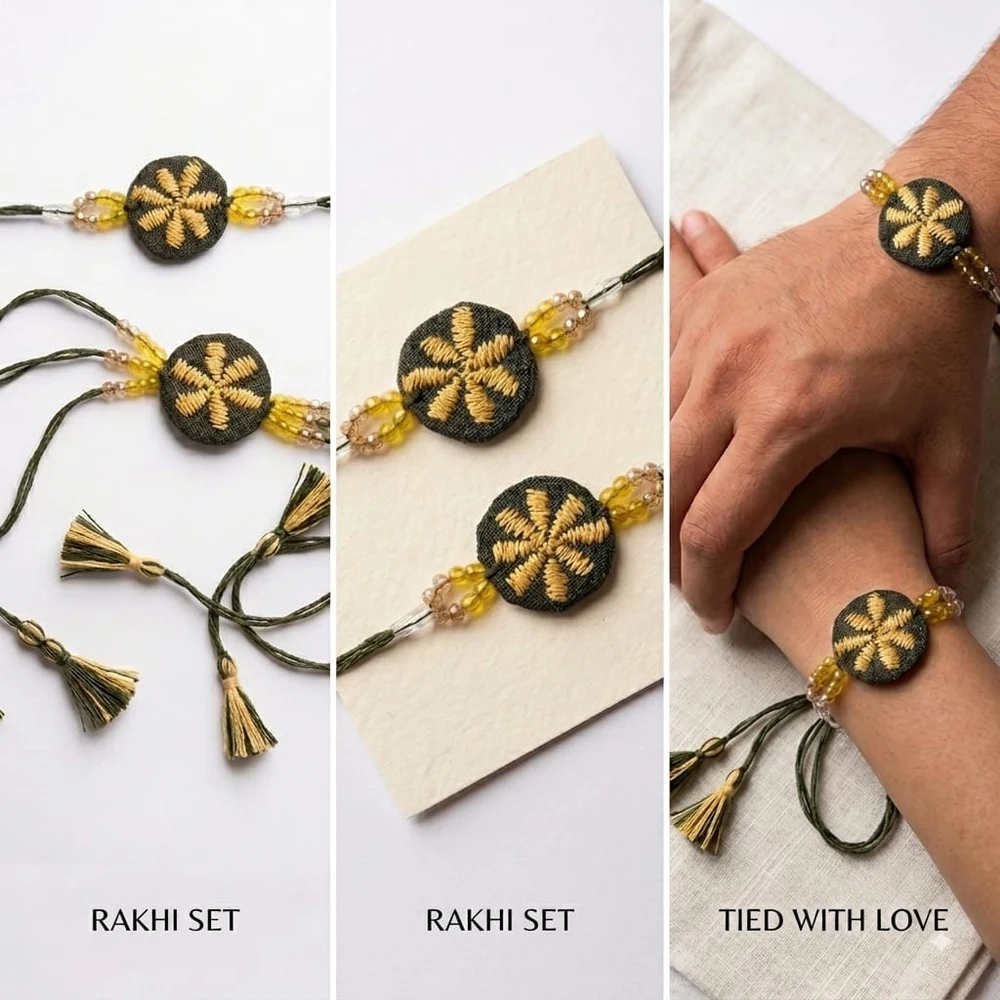 Handcrafted Thread & Bead Embroidered Rakhi / Bracelet Set