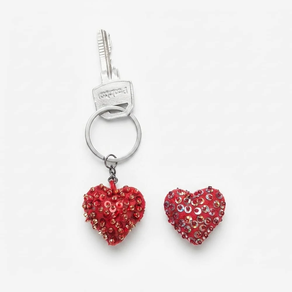 Sparkle Ruby Sequin Handcrafted Heart Keychains (Pair) shot 1