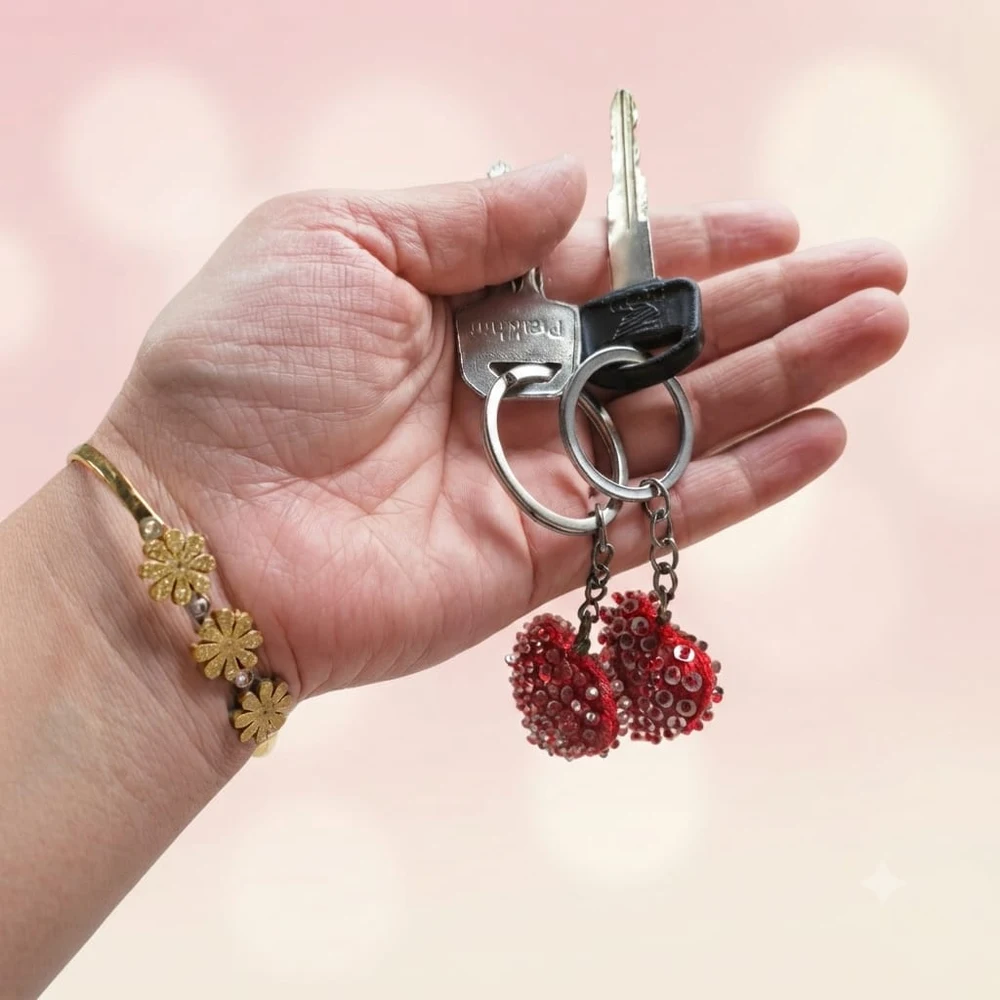 Sparkle Ruby Sequin Handcrafted Heart Keychains (Pair) shot 2