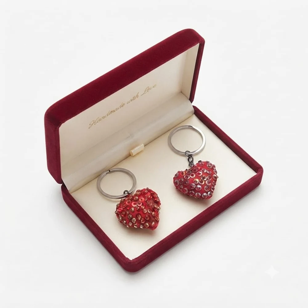 Sparkle Ruby Sequin Handcrafted Heart Keychains (Pair)