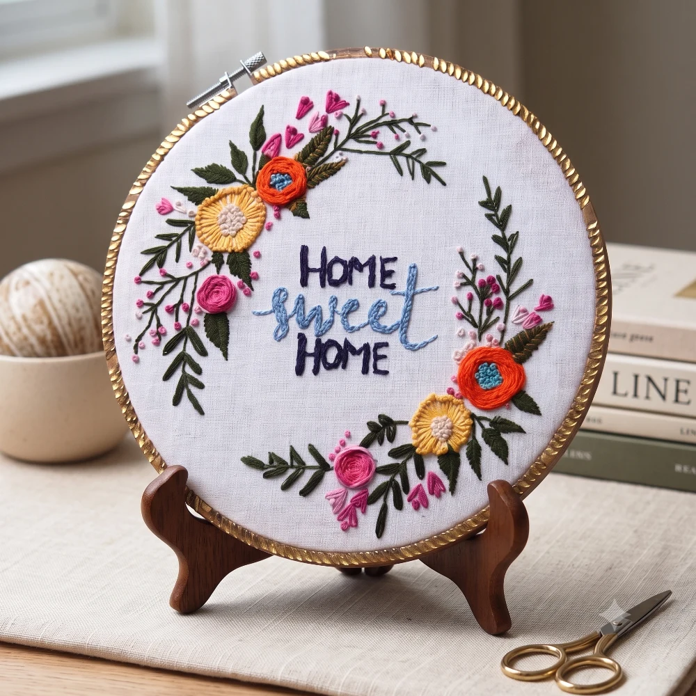 Home Sweet Home Floral Garland Embroidered Wall Hoop shot 1