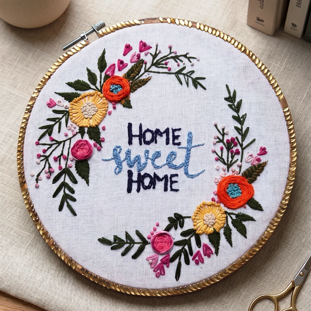 Home Sweet Home Floral Garland Embroidered Wall Hoop