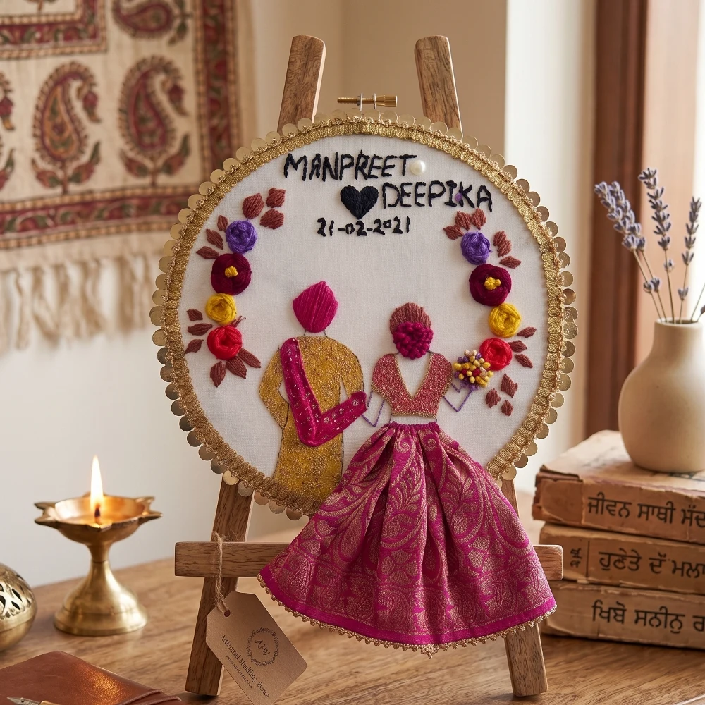 Punjabi Wedding Couple 3D Brocade Embroidery Hoop Art shot 2