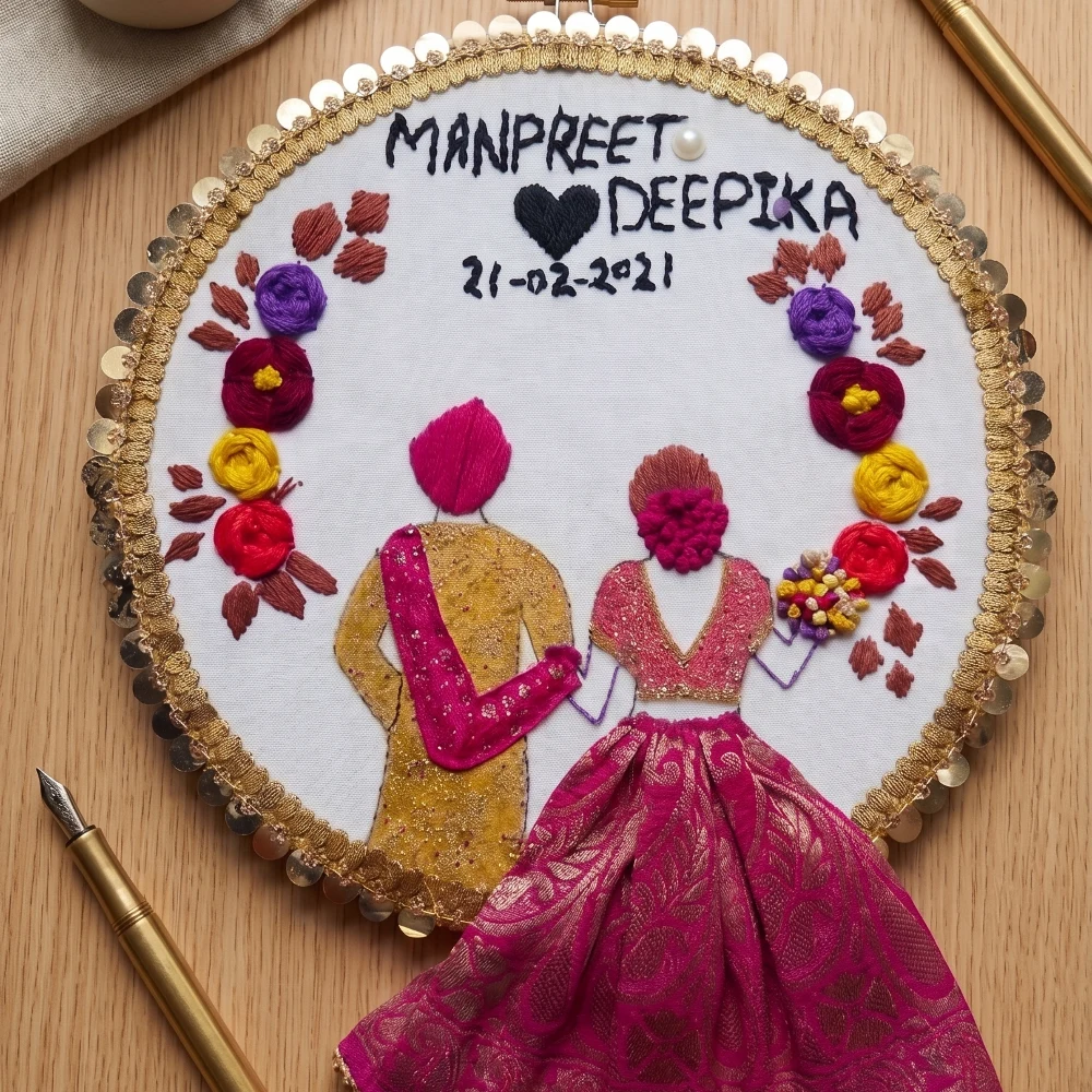 Punjabi Wedding Couple 3D Brocade Embroidery Hoop Art shot 3