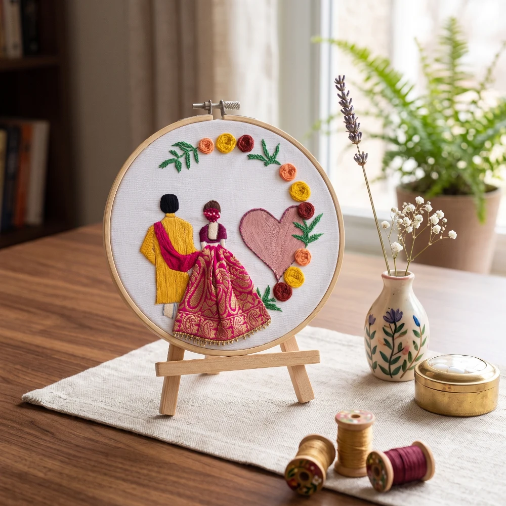 Punjabi Wedding Couple 3D Brocade Embroidery Hoop Art shot 4