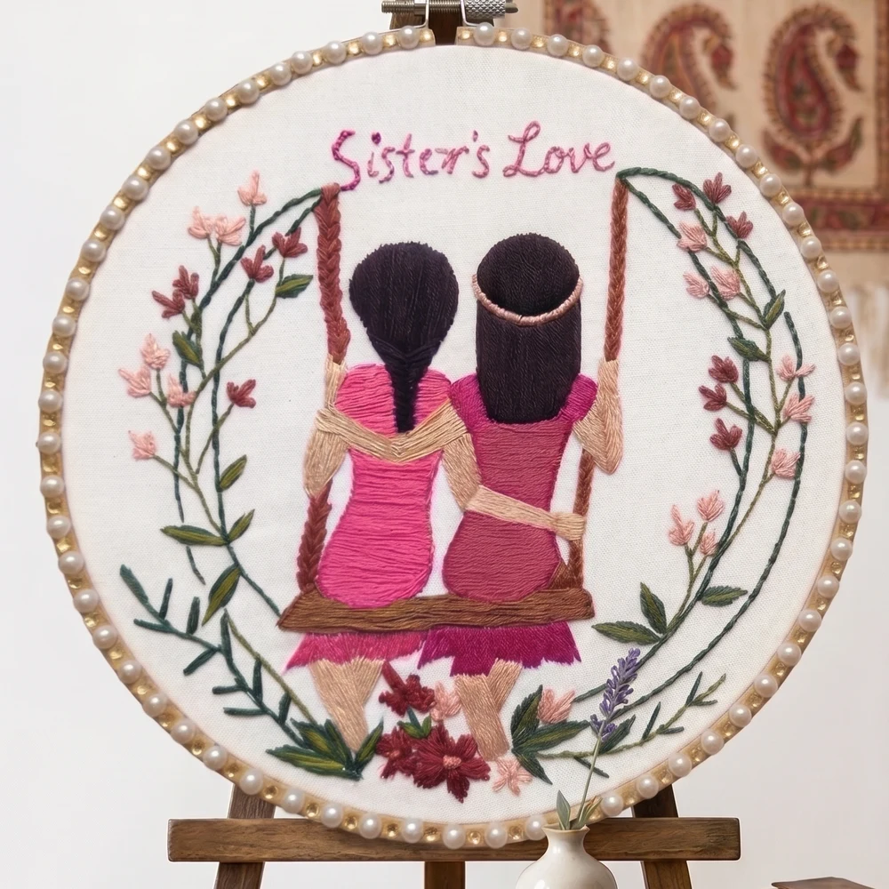 Sister's Love Handcrafted Pearl-Beaded Hoop Art