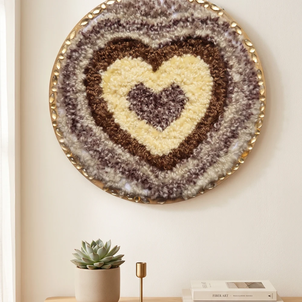 Artisan Wool Tufted Punch Needle Heart Hoop Wall Hanging shot 1
