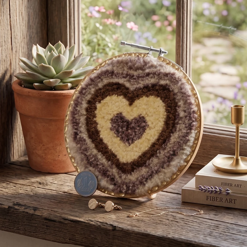 Artisan Wool Tufted Punch Needle Heart Hoop Wall Hanging